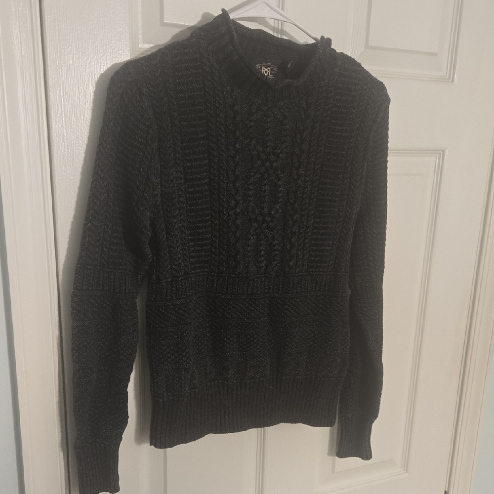 Ralph Lauren GUERNSEW GREY MOCKNECK Cable Knit Crewneck Sweater
